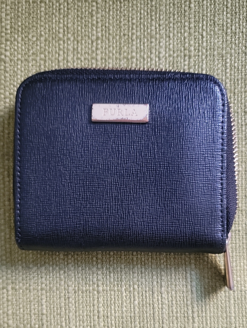 Furla Black Saffiano Leather Zip Wallet with Gold Plaque